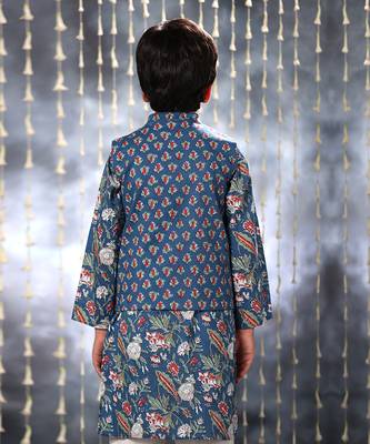 Blue  jaipuri floral printed kurta set with blue buti jacket 5