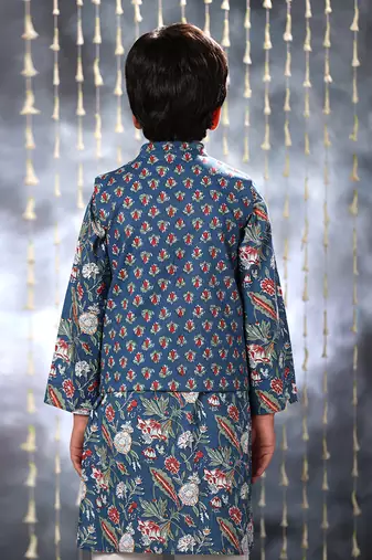 Blue  jaipuri floral printed kurta set with blue buti jacket