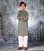 Grey pintucks neck panel kurta set
