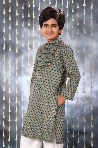 Grey pintucks neck panel kurta set