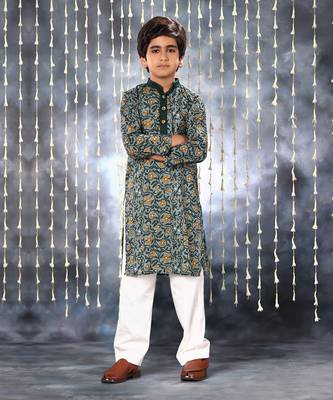 Grey jaipuri floral printed kurta set with solid collar 1