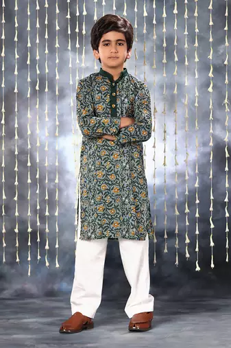 Grey jaipuri floral printed kurta set with solid collar