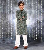 Grey jaipuri floral printed kurta set with solid collar