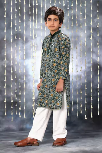 Grey jaipuri floral printed kurta set with solid collar