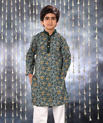 Grey jaipuri floral printed kurta set with solid collar 3