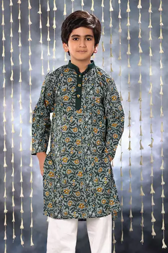 Grey jaipuri floral printed kurta set with solid collar
