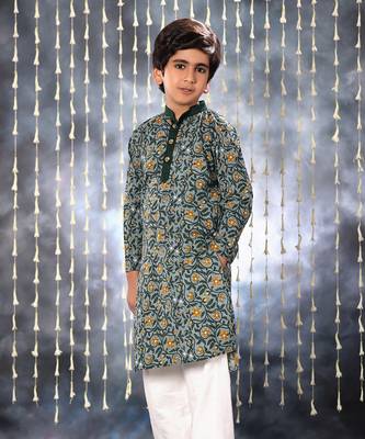 Grey jaipuri floral printed kurta set with solid collar 4