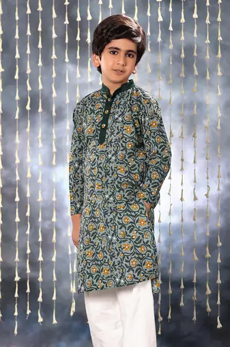 Grey jaipuri floral printed kurta set with solid collar