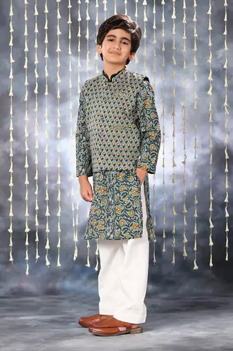 Grey jaipuri floral printed single colour collared kurta set with jacket