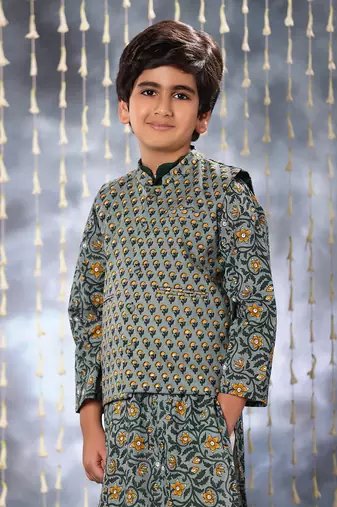 Grey jaipuri floral printed single colour collared kurta set with jacket