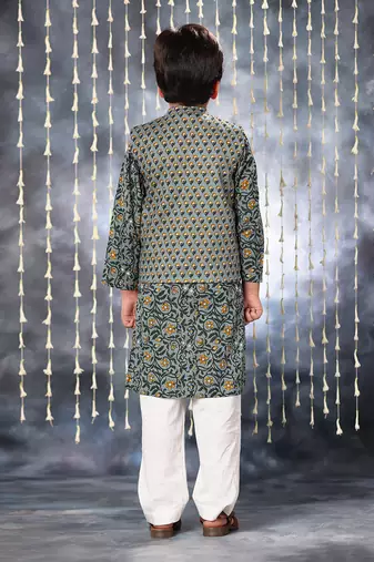 Grey jaipuri floral printed single colour collared kurta set with jacket