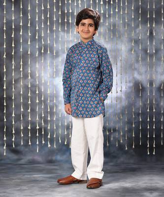 Blue jaipuri floral printed short kurta set 1