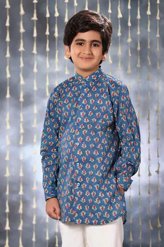 Blue jaipuri floral printed short kurta set