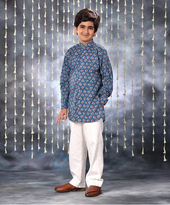 Blue jaipuri floral printed short kurta set 3