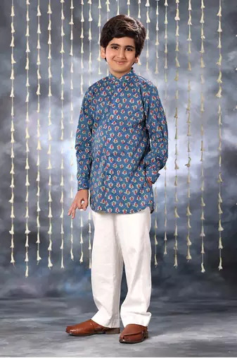 Blue jaipuri floral printed short kurta set