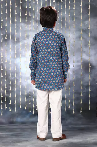 Blue jaipuri floral printed short kurta set
