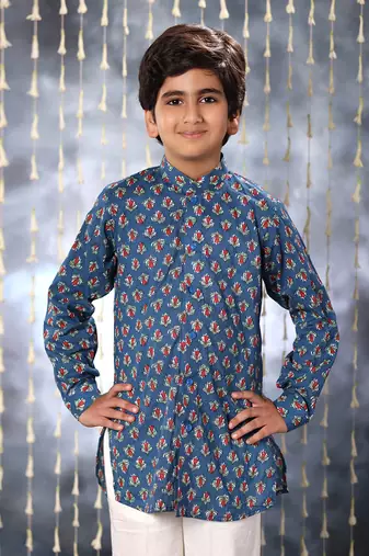 Blue jaipuri floral printed short kurta set