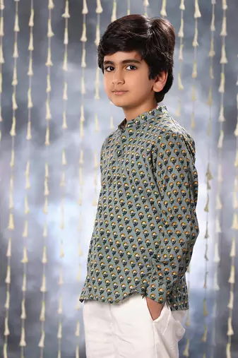 Grey jaipuri floral printed shirt set