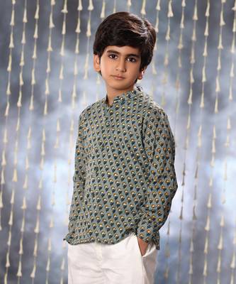 Grey jaipuri floral printed shirt set 1