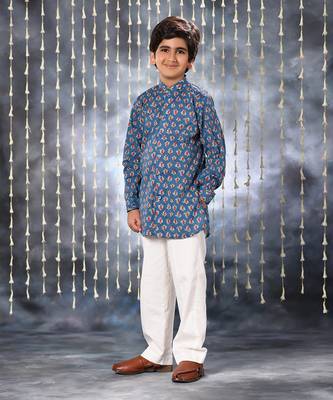 Blue jaipuri floral printed short kurta shirt 1