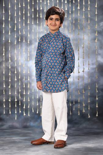 Blue jaipuri floral printed short kurta shirt