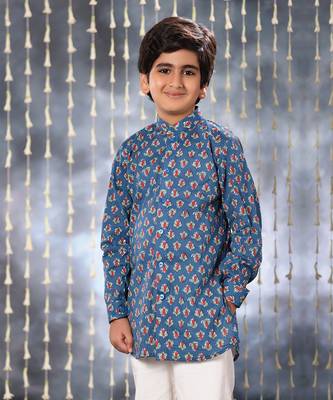 Blue jaipuri floral printed short kurta shirt 2