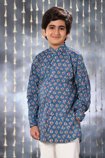 Blue jaipuri floral printed short kurta shirt