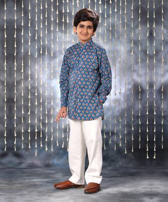 Blue jaipuri floral printed short kurta shirt 3