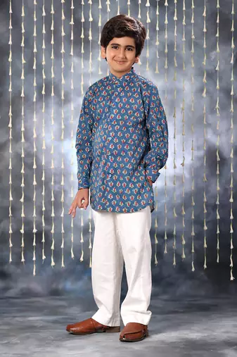 Blue jaipuri floral printed short kurta shirt