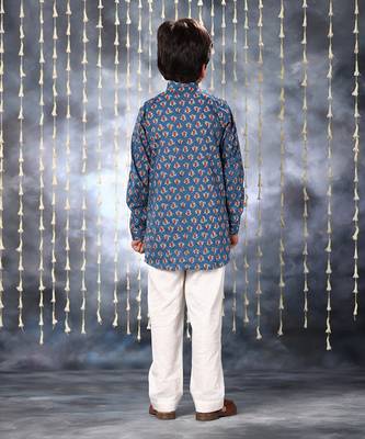 Blue jaipuri floral printed short kurta shirt 4