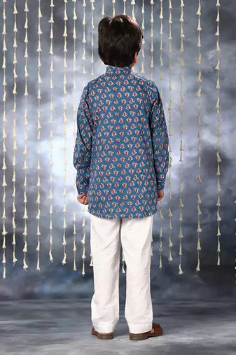 Blue jaipuri floral printed short kurta shirt