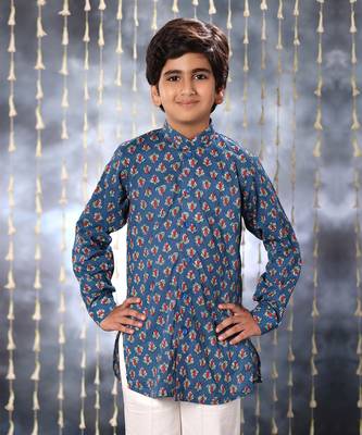 Blue jaipuri floral printed short kurta shirt 5