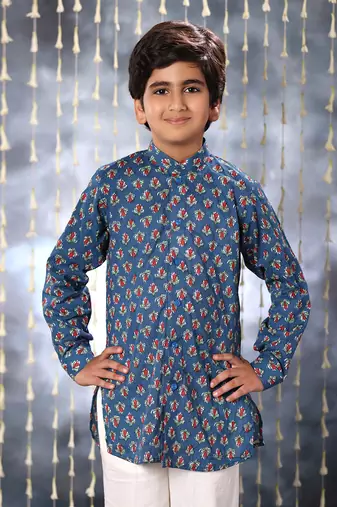 Blue jaipuri floral printed short kurta shirt