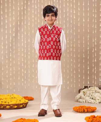 White kurta set with red jaipuri floral printed jacket 1