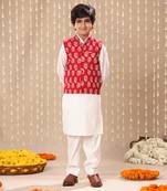 White kurta set with red jaipuri floral printed jacket