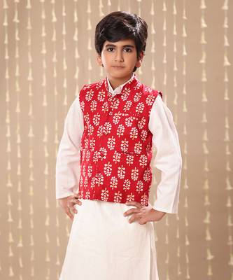 White kurta set with red jaipuri floral printed jacket 2