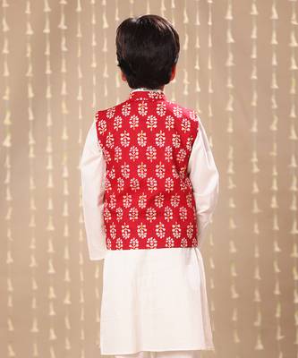 White kurta set with red jaipuri floral printed jacket 4