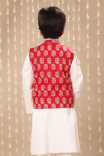 White kurta set with red jaipuri floral printed jacket