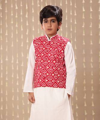 White kurta set with red jaipuri ikat printed jacket 2