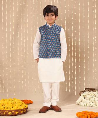 White kurta set with blue jaipuri floral printed jacket 1