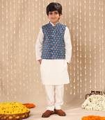 White kurta set with blue jaipuri floral printed jacket
