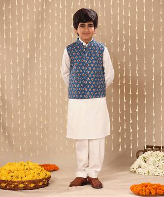 White kurta set with blue jaipuri floral printed jacket 2