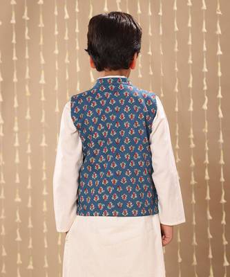 White kurta set with blue jaipuri floral printed jacket 4