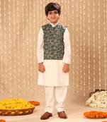 White kurta set with grey jaipuri floral printed jacket