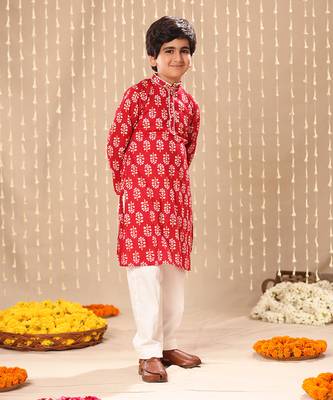 Red jaipuri floral printed long kurta set 2