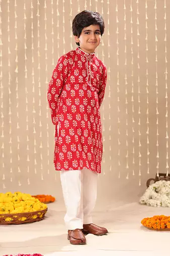 Red jaipuri floral printed long kurta set
