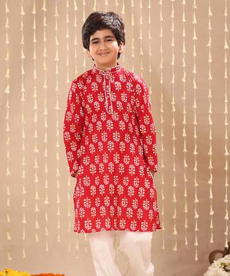 Red jaipuri floral printed long kurta set 3