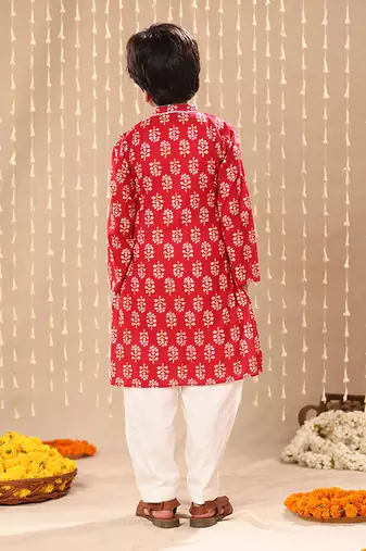 Red jaipuri floral printed long kurta set