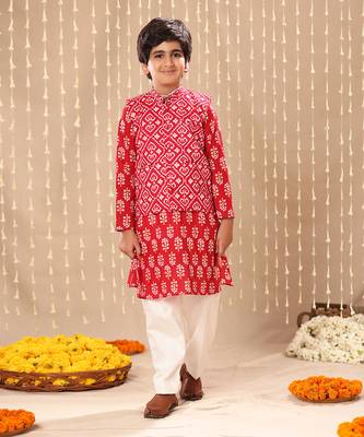 Red jaipuri floral printed kurta set with red ikat print jacket 1