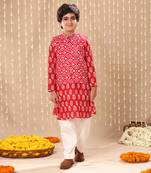 Red jaipuri floral printed kurta set with red ikat print jacket